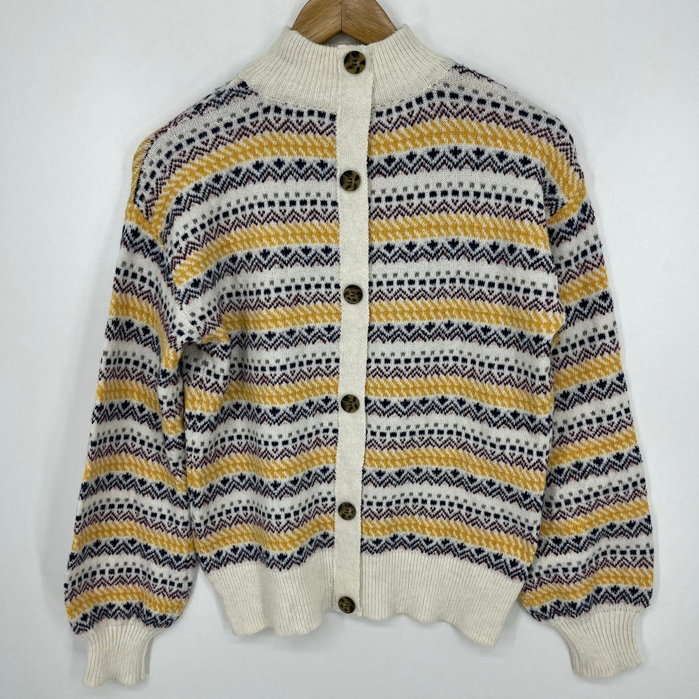 St‎ Johns Bay Womens Fair Isle Cardigan Sweater Mock Neck Yellow Navy Small